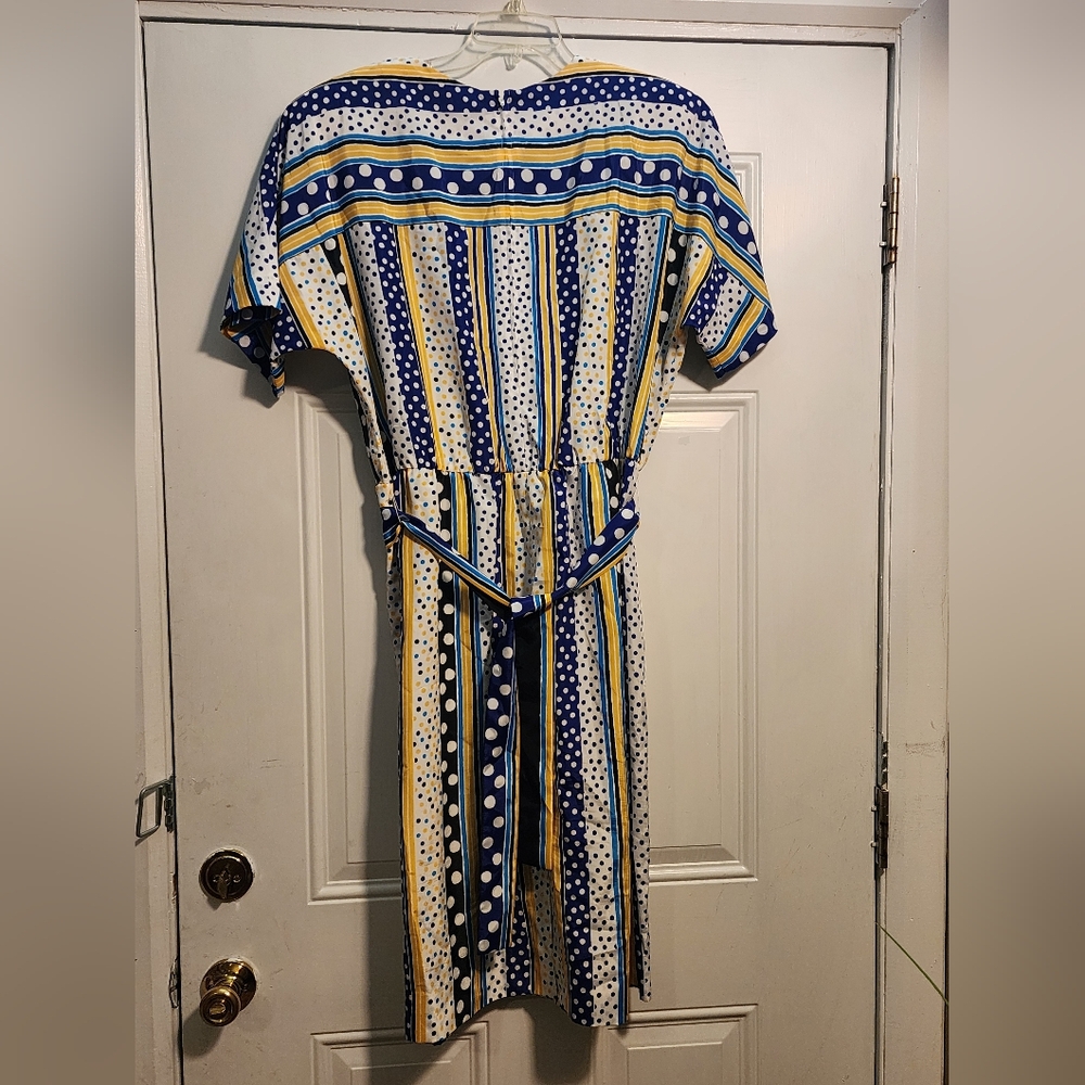 Vintage By Brownstone Studio Blue/Yellow Polka Dot Dress with Pockets - Picture 2 of 6